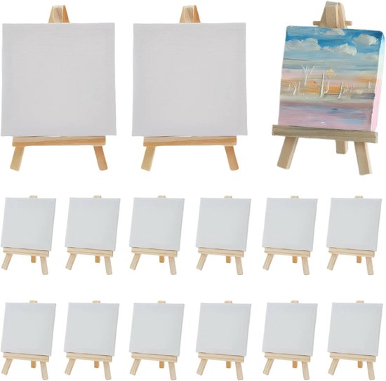 12 Stuks Mini Canvas met Schildersezel, voor Schilderen, Display, Fotoalbums en DIY Creaties, 10 x 10 CM Mini Canvas, 15 x 8 CM Houten Ezel, Opvouwbare Driehoekige Standaard