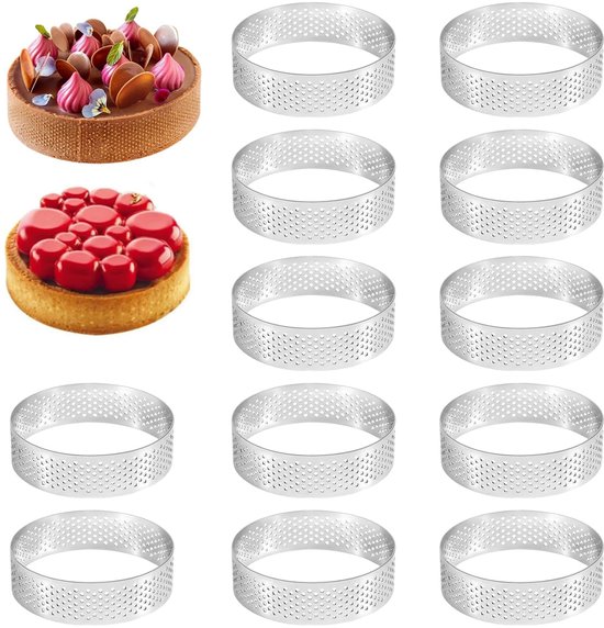 12 Stuks Mousse Tartelette Vormpjes, 8 cm Dessert Mousse Ring met Gaten, Geperforeerde Dessertringen, Mousse Tarteletvormpjes, Roestvrij Staal, voor Taarten, Gebak, Minitaarten, Minipizza's en Mu