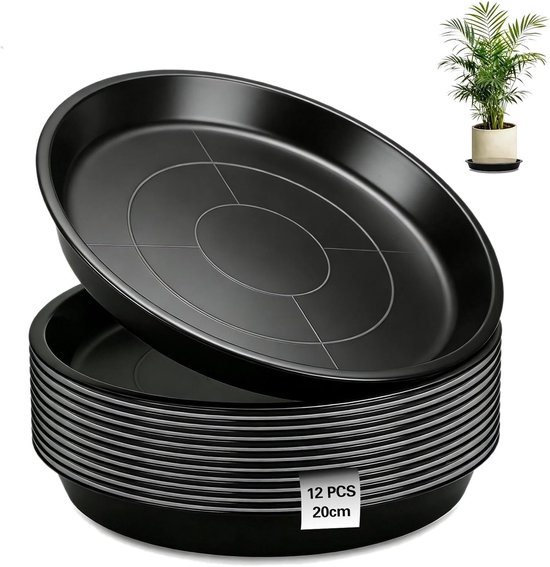 12 stuks onderborden, rond, planten, onderzetter, 20 cm, onderschotel, bloempot, bloemenonderzetter, kunststof, bloempotenmat, zwart, plantenonderzetter voor tuin, balkon, woonkamer