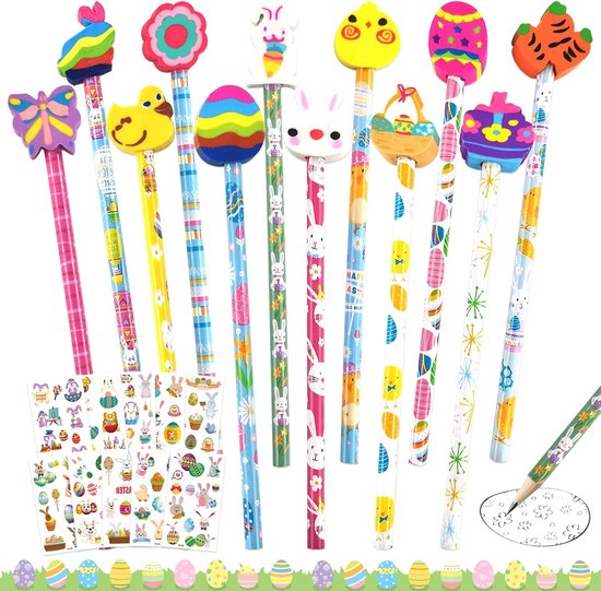 12 stuks paasstiften - 12 stuks gummen - 10 paasstickers - vulmateriaal voor paasmanden - gastgeschenken voor Pasen - voor kinderen - feest - verjaardag - Kerstmis - vulstoffen van Merkloos	