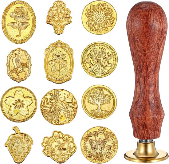 12 stuks stempelkop met massief houten handvat metalen zegelstempelset gouden bloemen zegelstempelkop zegelstempel poststempel van Kaltner Präsente