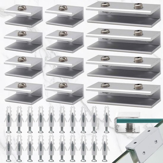 12 Stuks Verstelbare Glashouder - Glazen Klemmen Aluminiumlegering - Glazen Planksteunen - Glasklemmen 6mm-8mm - Glasklemmen voor Raam - Balustrade - Trap - Badkamer (met 16 Stuks Schroeven) van Merkloos	
