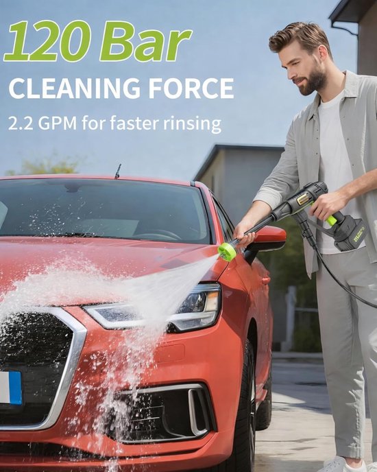 120 bar, 3 standen instelbaar, Mobiele hogedrukreiniger met 6-in-1 mondstuk voor autowassen, tuinreiniging (Zwart, Borstelloze Geen Batterij)