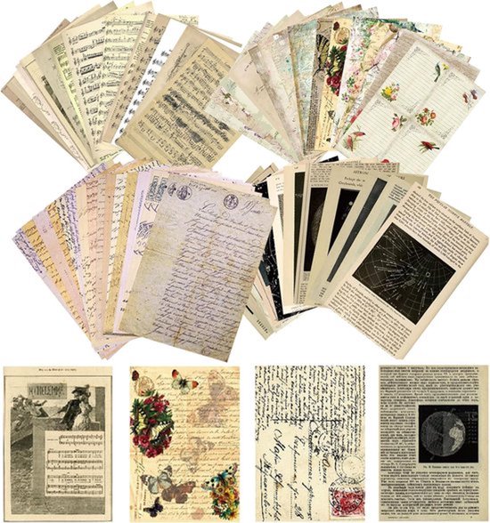 120 vellen Vintage-stickers - Decoratief papier - Vintage decoratief briefpapier - Retro scrapbook-papier voor creatieve knutselprojecten - Tijdschriften en geheugenalbums