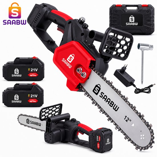 1200W Accu Kettingzaag 30 cm (12 Inch) met 2 Accu's 21V 3Ah – Draadloze Elektrische Kettingzaag – Inclusief Oplader, Koffer en Ketting – Snoeizaag voor Tuin, Hout en Takken – accu kettingzaag – draadloze kettingzaag – Zwart / Rood – 48444