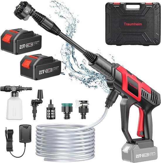 120BAR Accu Hogedrukreiniger - Hogedrukreiniger met 8000mAh Accu's - Borstelloze Motor + 0–180° Rotatiesproeier - 2 Kraanadapters voor Auto, Terras & Tuin van Merkloos	