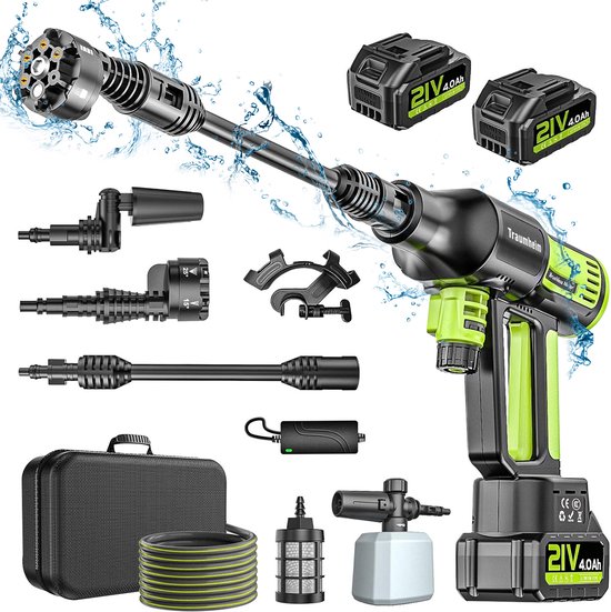 120Bar Accu Hogedrukreiniger met 2x 4000mAh Accu's & Lader - 4 Drukstanden - Zelfaanzuigend met 5m Slang - 180° Draaibare Spuitkop & 6-in-1 Mondstuk - Inclusief Schuimspuit en Draagtas - Voor Auto, Fiets, Terras en Tuin van Merkloos	