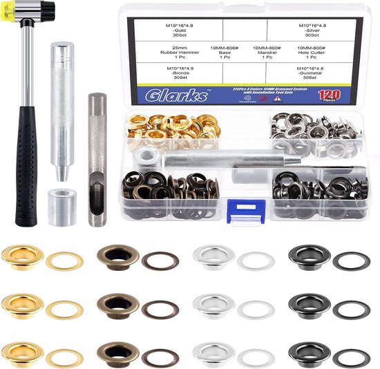 122pcs 10mm Dikke Grommet Eyelets met Tool Kits - 120Pcs 4 Kleur Grommet Eyelets met Ringen en 2pcs Installatie Gereedschappen voor Stof - Canvas - Gordijnen - Kleding van Merkloos	