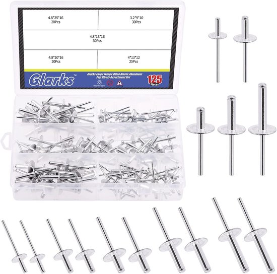 125Pcs 5 Sizes Large Flange Aluminum Blind Rivets - Pop Rivets Assortment Set voor Joining Metal Plate - Pipe - Automotive van Singtelun