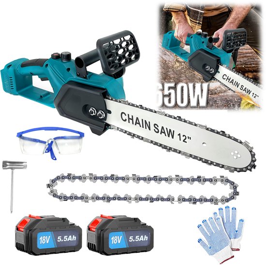 12‑Inch 18V Accu Kettingzaag Set | Draadloze Elektrische Kettingzaag met 2 Accu’s, EU‑oplader, 2 Zaagkettingen en Veiligheidsuitrusting voor Tuinonderhoud en Brandhout zagen
