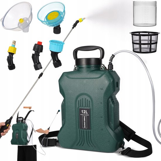 12L Accu Rugspuit Tuinspuit - 3.7V/2500mAh Elektrische Gewasbeschermingsspuit | Metalen Lanceerbuis & 5 Sproeikoppen voor Water en Chemicaliën van Merkloos	