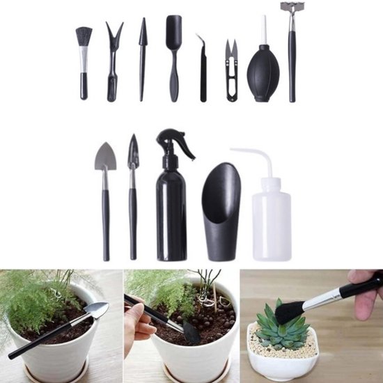 13-delige set - Vetplantentuinset - Tuingereedschapsset - Mini-tuingereedschap voor binnen - Vetplantenverplantingsset - Duurzaam - Zwart - Perfect voor kleine potplanten, kruidentuinverzorging en verzorging van kleine planten van Merkloos	