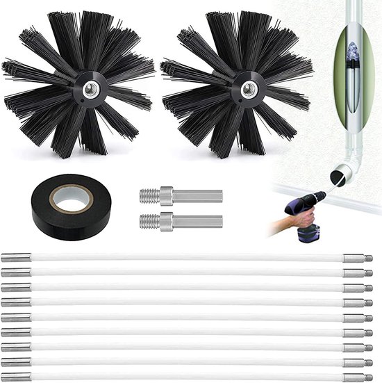 14-delige schoorsteenveger pellet, flexibele schoorsteenveegset met 2 kachelpijpborstels 150 mm, 9 flexibele staven 410 mm, schoorsteenreinigingsset voor open haard, leidingen en droger