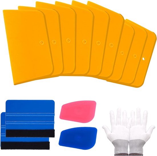14-delige set voor applicatie van auto vinyl wrap en raamtintfilm - vulmiddel-spatels - kunststof schrapers - squeegees met viltrand - handschoenen voor het aanbrengen van vulmiddelen, putties, glazes en kit - muursticker