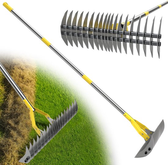 140 cm, robuuste hark voor het verwijderen van mos en gazonvilt, met scherp lemmet voor het verwijderen van dood gras, voor binnenplaats, tuin, gazon/zilver