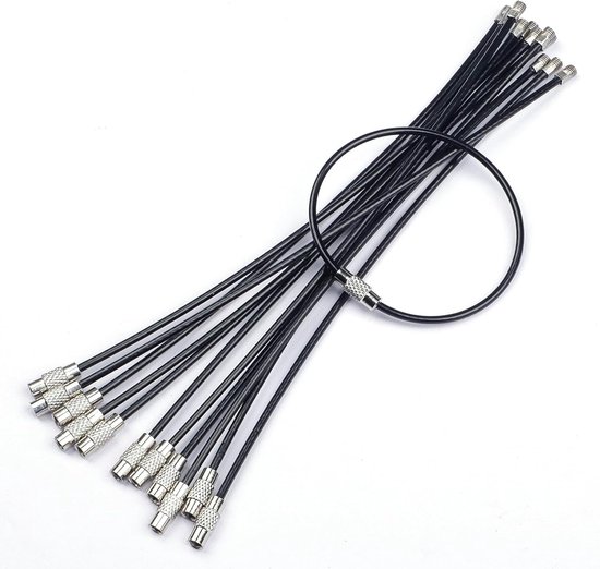 15 cm zwarte draad sleutelhanger kabel - grote roestvrijstalen sleutelhanger lus houder - buiten wandelen - Heavy Duty Aansluitbare Bagagelabel Keeper - voor sport en reizen - 12 stuks van Merkloos	