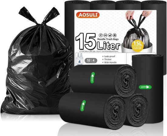 15 Liter Vuilniszakken met Handgrepen - 51 Stuks Zwarte Pedaalemmers voor Badkamer, Kantoor en Tuin van Smooth-Running
