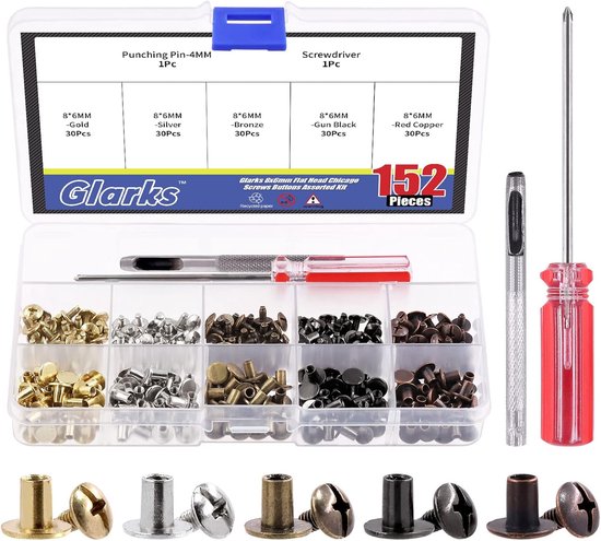 150 Sets 8x6mm Round Flat Head Chicago Screws - 5 Color Leather Rivets - Screw with Hole Punch and Screwdriver voor Leather Crafting - Kleding - Schoenen - Riemen - Tassen van Merkloos	