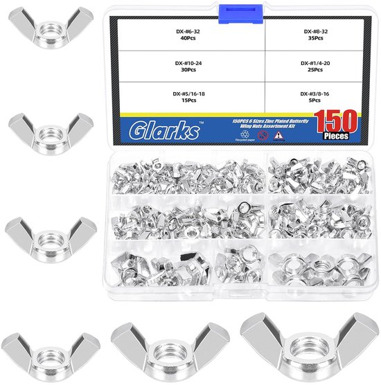 150pcs 6 sizes silver wing nuts assortiment kit - 3/8''-16 - 5/16''-18 - 1/4''-20 - #10-24 - #8-32 - #6-32 - hoge sterkte - gegalvaniseerde vleugelmoeren - vleugelbout bevestigingsmaterialen van Merkloos	