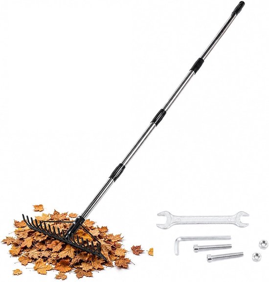 158 cm metalen tuinhark, gazonhark met roestvrijstalen handvat, 4 secties voor het losmaken van de grond, het nivelleren van het gazon, 17 tanden, het oppakken van bladeren (158 cm)