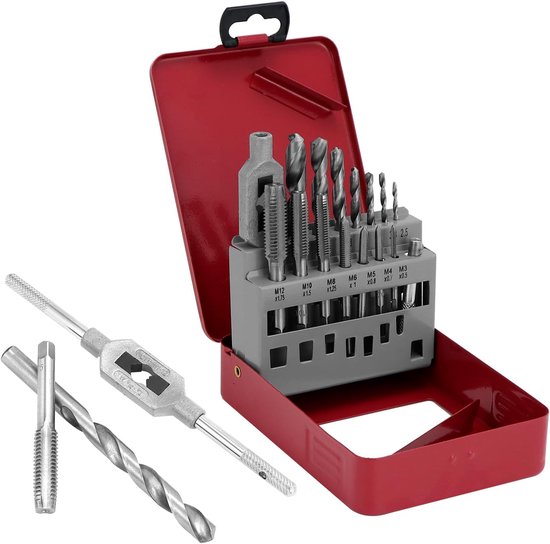 16-delige professionele tap- en borenset - draadsnijset - M3-M12 tapset - 7 spiraalboren HSS 2,5-10,2 mm - tapsleutel - gereedschap voor metaalbewerking van Merkloos	