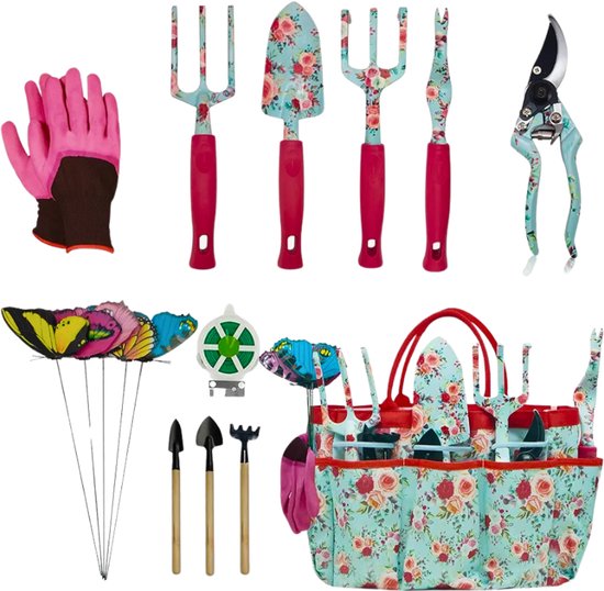 16-Delige Tuingereedschapset – Heavy Duty & Roestbestendig – Inclusief Snoeischaar & Grote Opbergtas – Tuincadeau Voor Dames En Heren (Rode Bloemen) van Vogella