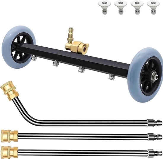 16 inch hogedrukreiniger ondervloerreiniger, wasbezem met 2 verlengstangen en 1 60° hoekstaaf, 4 standaard sproeiers en 4 uitbreidingssproeiers, tot 4000 PSI