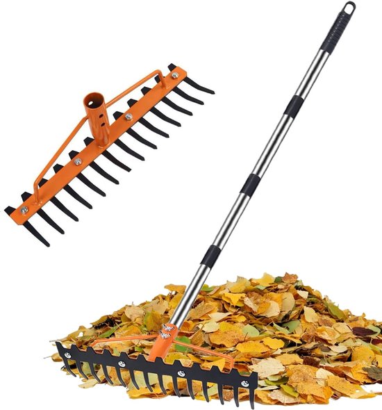 1,6 m, robuuste metalen tuinhark met 17 stalen tanden, gazonhark voor het losmaken van grond en nivelleren van gazon, gazonhark, tuinhark voor gazon en bladeren