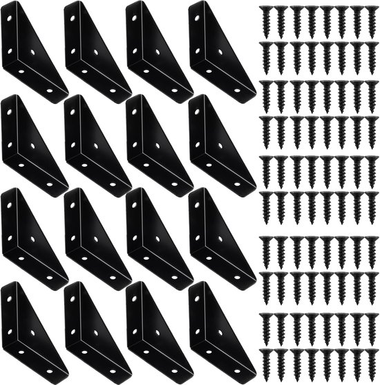 16 Pcs Hoekhoeken - Metalen Zwarte Hoeksteunen - 65mm x 65mm Stalen Ribben - 90 Graden Hoekverbinding - Ondersteuning voor Bureau Bed Rand
