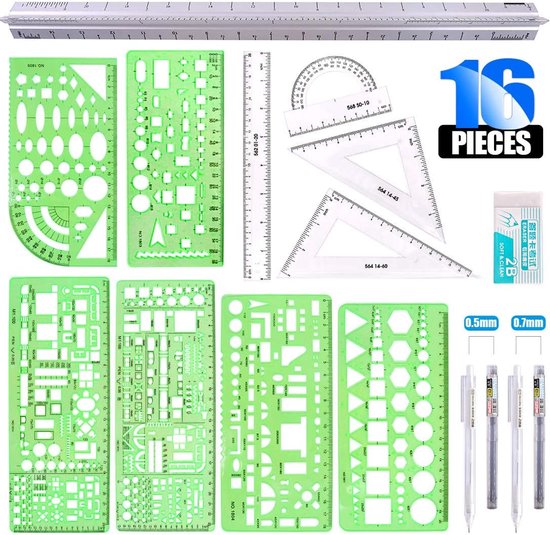 16 Pcs Meet Templates voor Building Formwork - Geometrische Tekenlinialen en Driehoekige Architect Scale Liniaal met Potlood, Potlood Navullingen, Gum voor Kantoor en School van Merkloos	