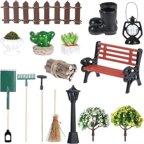 16 Pieces Miniature Garden Decoration - Dollhouse Accessories - Mini Garden Furniture Decoration Set - Garden Tools - Micro Landscape - Garden Bench - Street Light for Dollhouse Miniature Garden van Merkloos	