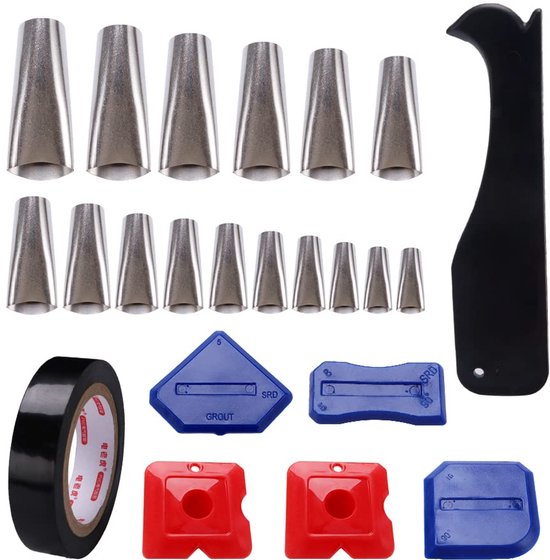 16 Pieces Sealing Tools - RVS Caulking Syringe Nozzle in 16 Groottes - Voor Sealing in Keuken, Badkamer, Raam - Inclusief Rode/Blauwe/Zwarte Schrapers en Zwarte Tape van Merkloos	