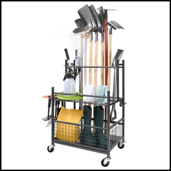 16 Slots Tuingereedschap Organizer - Yard Tool Tower Rack - Met Haken en Wielen - Voor Lange Harken en Gereedschap - Carbon Staal - Compact en Duurzaam - Verstelbare Voeten - Garage en Tuinopslag