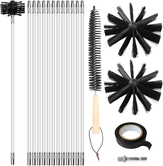 16 STK haardborstel, schoorsteenbuisborstel-reinigingsset, met 12 staven 410 mm, 2 borstelkoppen 100 mm, 1 zeskantstaaf 4,5 cm, 1 houten steelborstel 38 cm, voor haard, schoorsteen