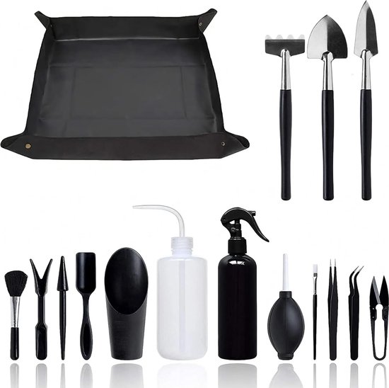 16 stuks verpotmatten, waterdichte tuinmat, plantenmat, 75 x 75 cm, plantenonderlegger met mini-tuingereedschapsset voor tuinieren thuis, kwekerij, potten, vetplanten, zwart van Huayuephicne
