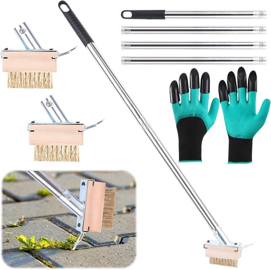 160 cm Onkruidborstel met RVS Handvat, 2 Onkruidborstels, Voegenkrabber en Tuinhandschoenen voor Eenvoudig Verwijderen van Mos en Onkruid rond Tegels en Muren