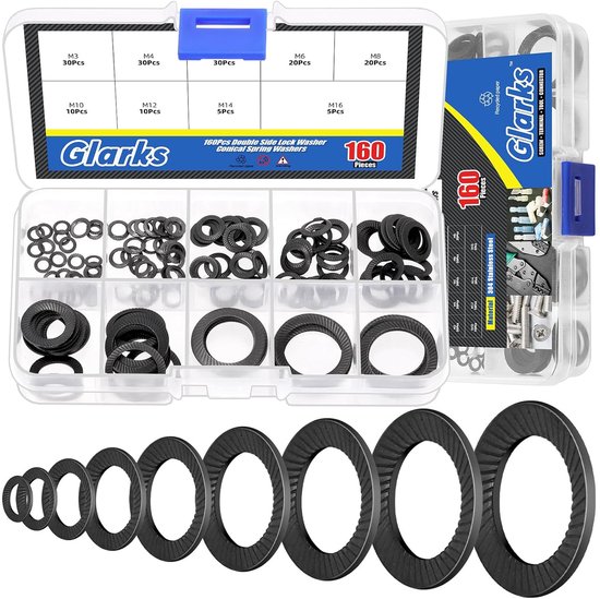 160pcs M3/4/5/6/8/10/12/14/16 Conical Knurled Spring Washer - 65Mn Steel Wed Locking Washers - Belleville Washer - Spring Lock Washer Double Side Tooth Lock Washer