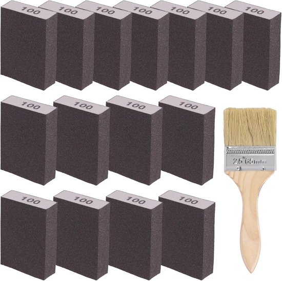 16pcs 100 Grit Sanding Sponge Kit - 15pcs 10x7x2.5CM Washable and Reusable Sanding Blocks - 1PC Brush - Ideaal voor Houtbewerking - Droogwand - Metaal Polijsten van Merkloos	