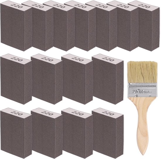 16pcs 220 Grit Sanding Sponge Kit - 15pcs 10x7x2.5CM Washable - Reusable Sanding Blocks - 1PC Brush - Ideaal voor Houtbewerking - Droogwand - Metaal Polijsten van Merkloos	