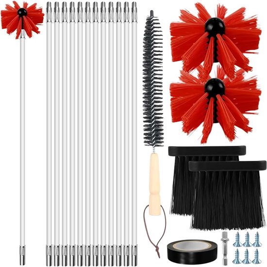 18-delige reiniging van ventilatiekanalen met 12 stelen 41 cm, 2 borstelkoppen 10 cm, zeshoekige schacht 4,5 cm, borstel met houten handvat 38 cm, 2 schoorsteenvegers - rood