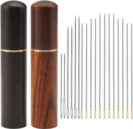 18 Stuks Zelfrijgende Naalden - Gemakkelijk Inrijgen Naalden met 2 Stuks Naaldendoos van Hout - Gouden Staart Zijdelingse Naainaalden voor Borduren en Naaien van Leer en Kleding (6 Maten) van LIHAO