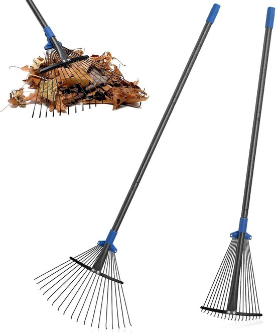 18-tands metalen hark met verstelbare kop, 25-45 cm, ergonomische greep, 170 cm voor moeiteloze bladverzameling en tuinresten opruimen