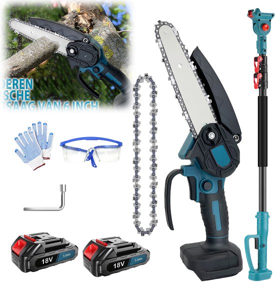 18V Accu Kettingzaag Set met Verlengsteel | 2 Lithium‑Accu’s, EU‑oplader, 2 Zaagkettingen, Veiligheidsuitrusting | Draadloze hoogtezaag voor snoeien van hoge takken en tuinonderhoud