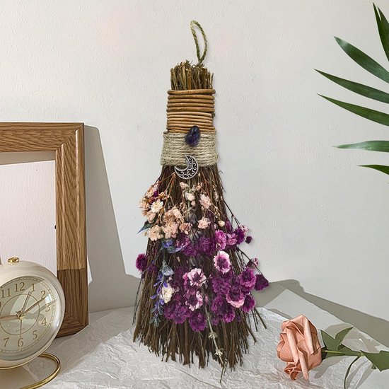 19 cm altaar, mini-themafeest, decoratieve bezem met gedroogde bloemen, heksenbezem, kaneelbezem, natuurlijke magische kristallen heks, ceremoniedecoratie, paars