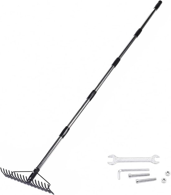 194 cm metalen tuinhark, gazonhark met roestvrijstalen handvat, 5 secties voor het losmaken van de grond, het nivelleren van het gazon, 17 tanden, het oppakken van bladeren (194 cm)