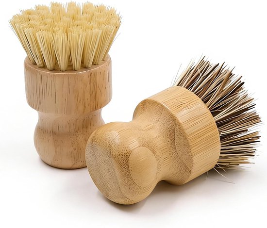 2 afwasborstels van hout, afwasborstel, rond, met handvat, vaatborstel, potborstel, groenteborstel, paddenstoelborstel, aardappelborstel met natuurlijke borstelharen, voor keuken, 8 x 4 cm