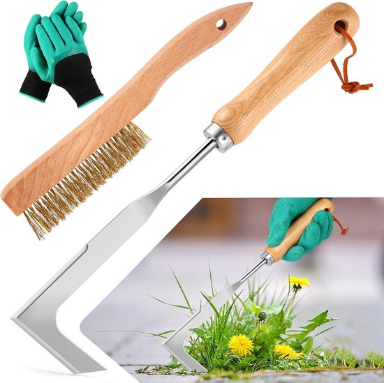 2-delige Handmatige Onkruidsteker en Voegenborstel Set met Tuinhandschoenen van Merkloos	