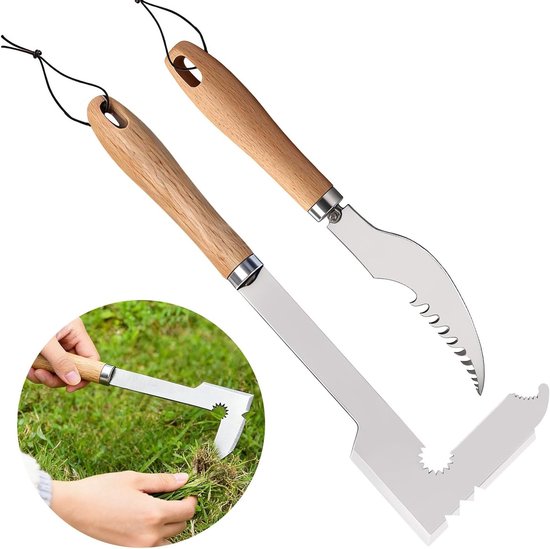2-delige Onkruidverwijderaar met Houten Handvat, Tuin Gereedschap voor Mos en Onkruid, Efficiënte Onkruidverwijdering met Getande Rand