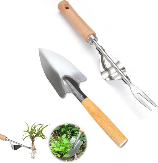2-delige set tuingereedschap met tuinschep en onkruidsteker - roestvrij staal, bloemschep, worteljader met houten handvat - voor bonsai, planten, potbloemen, tuin - handig gereedschap voor tuinieren.