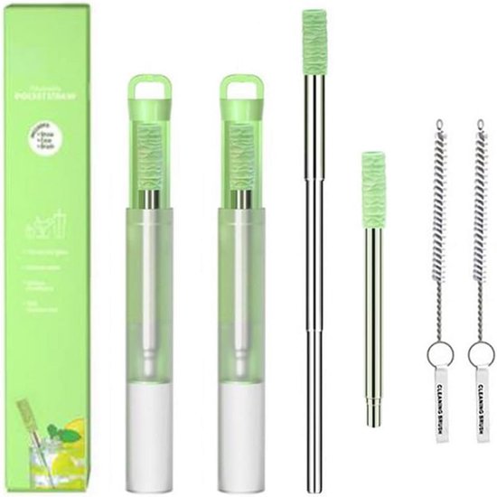 2-Delige Set Universele Herbruikbare Telescopische Rietjes van Roestvrij Staal met Silicone Tip en Borstel van Merkloos	